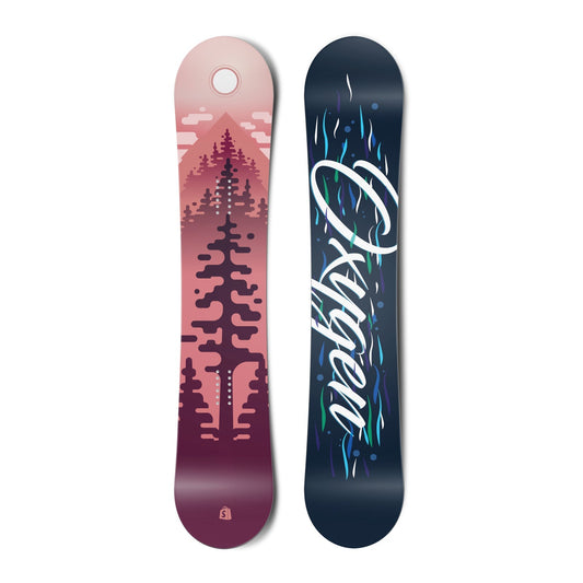 Top and bottom view of a snowboard. The top view shows a stylized scene of trees, mountains, sky and a sun in red colours. The bottom view has blue wavy lines in the background with the text "Oxygen" in a stylized script typeface.